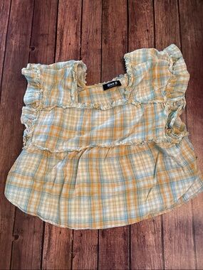 Blue B Collection Yellow & Light Blue Plaid Crop Top Sz L